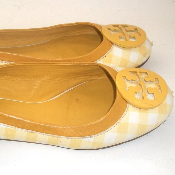 Tory Burch Minnie Yellow & White Gingham Ballet Flats w Yellow Patent Logo - Picture 5 of 9